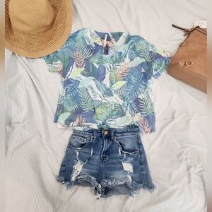 Tryst, Womens Size L- Vibrant Blue and Green TROPICAL Leaf Pattern Top